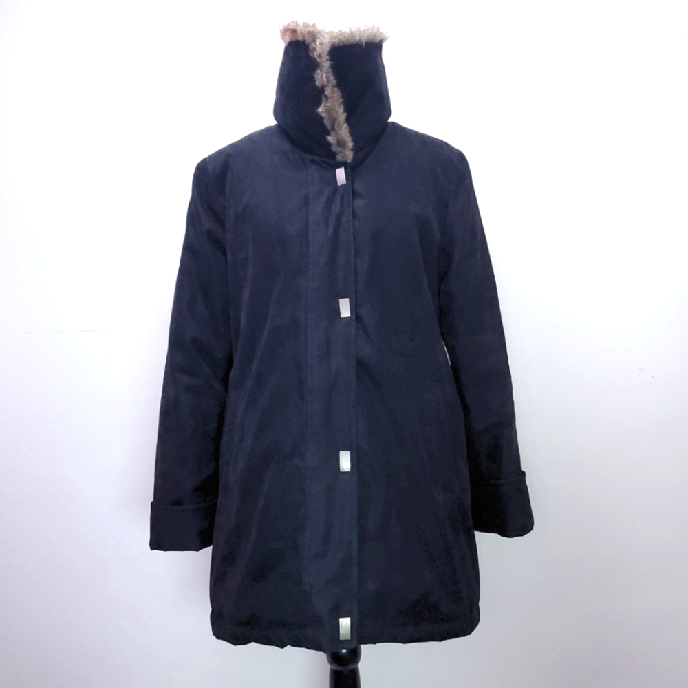 Bianca Nygard Small Black Winter Coat with Brown Faux Fur Funnel Neck Collar